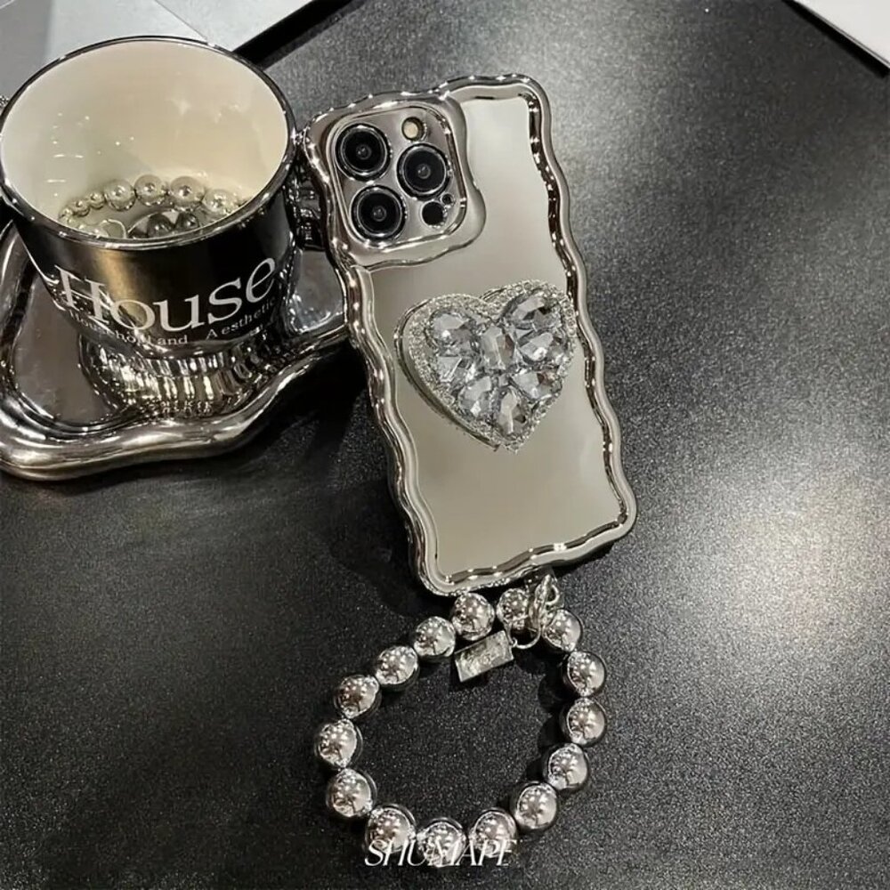 iPhone Plus Pro Max 14 13 12 11 Case- Silvery Mirror Rhinestone Stand Design